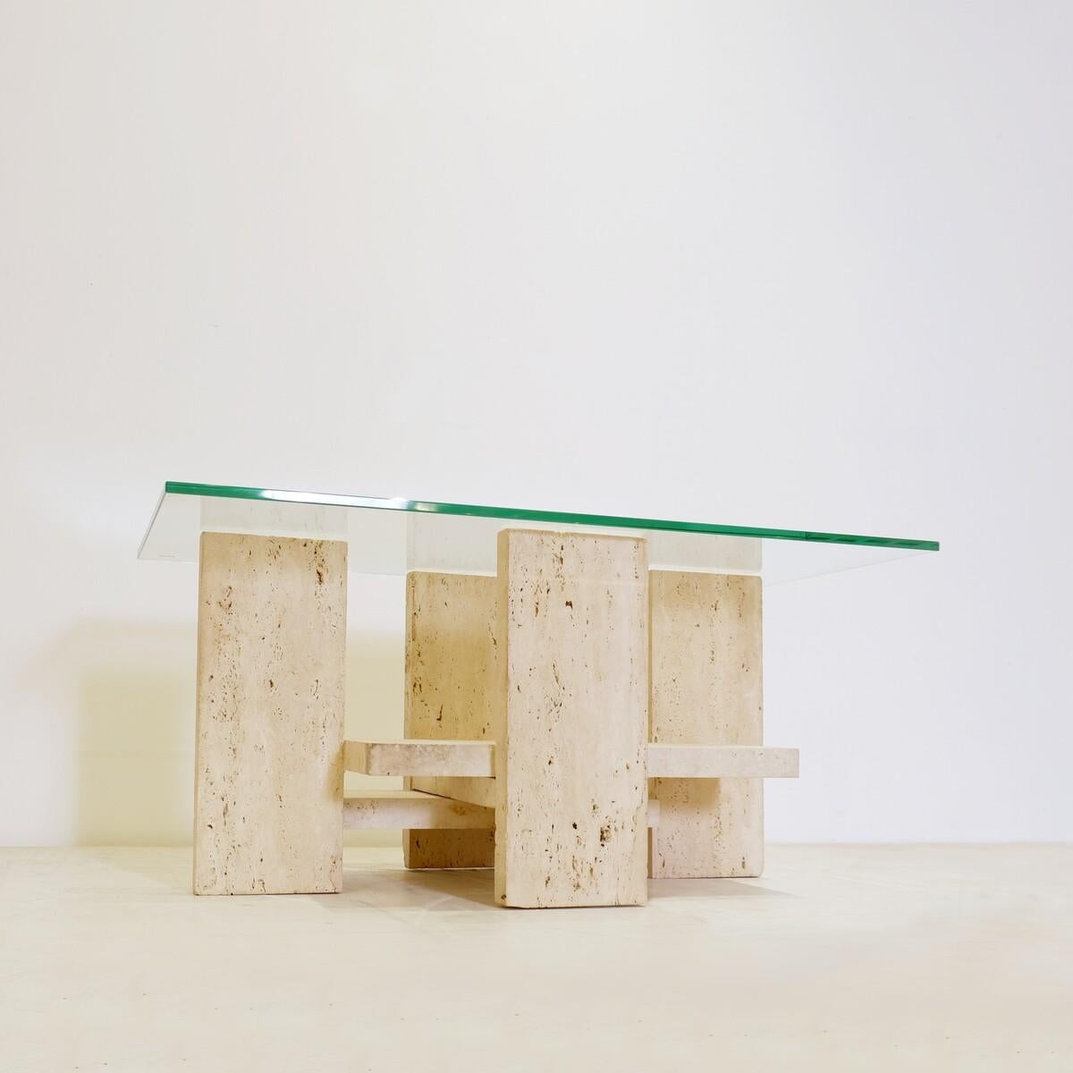 Belgian Glass and Travertine Coffee Table by Willy Ballez, 1970s For Sale