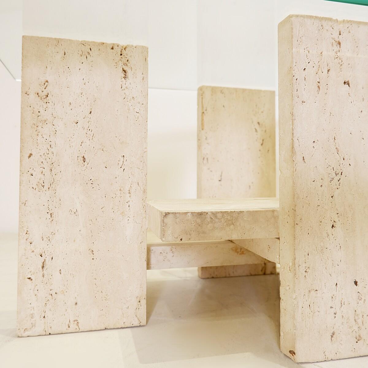 Glass and Travertine Coffee Table by Willy Ballez, 1970s In Good Condition For Sale In Uccle, BE