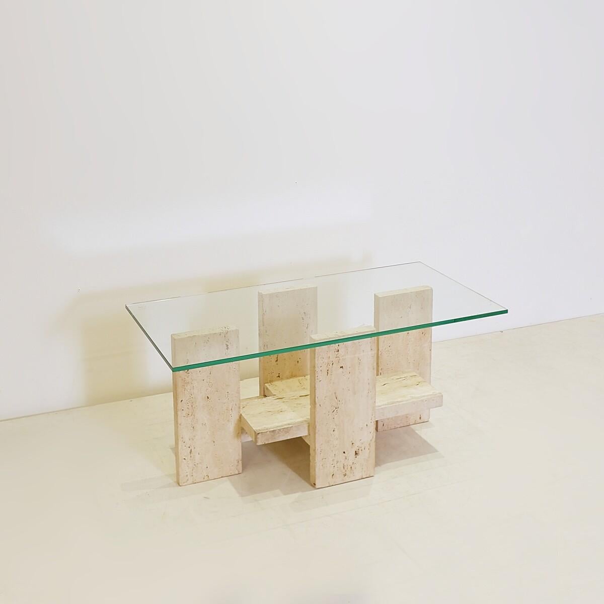 Glass and Travertine Coffee Table by Willy Ballez, 1970s For Sale 3