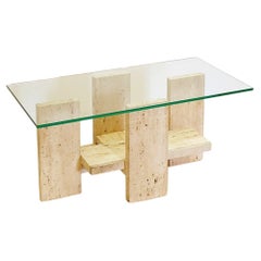 Mesa baja de cristal y travertino de Willy Ballez, años 70