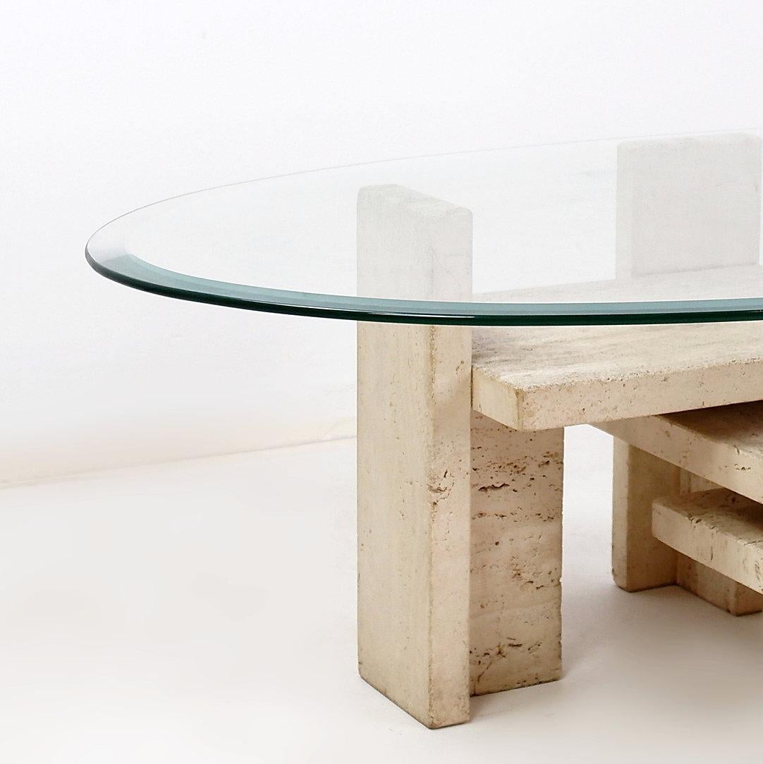 Table basse en verre et travertin, Willy Ballez, 1970
Mid-Century Modern - Grande table basse - Vintage
Mesures : Plateau ovale en verre : 119cmx60cm H : 35.5cm
MATERIAL : Travertin - plateau en verre biseauté
Usure conforme à l'âge et à