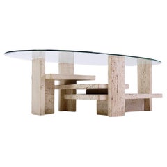 Glass and Travertine Coffee Table, Willy Ballez, 1970s