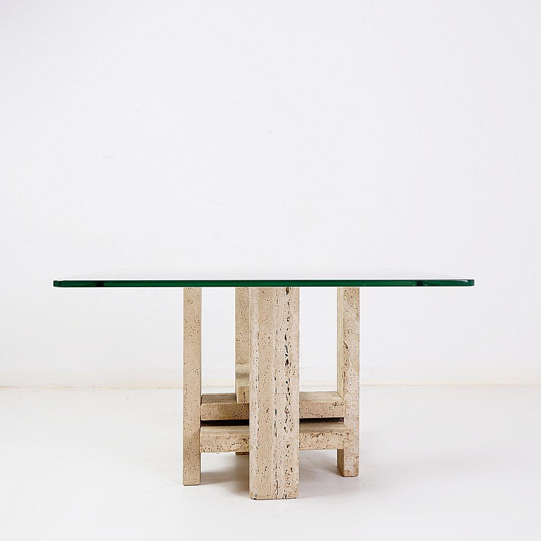 Glass and Travertine Square Coffee Table by Willy Ballez, 1970s
Mid Century Modern - Sculpturale - Coffee Table
Measures : Top : 60cmx60cm 
                        H : 36.5cm 
Materials : Glass - Travertine 
Wear consistent with age and use.