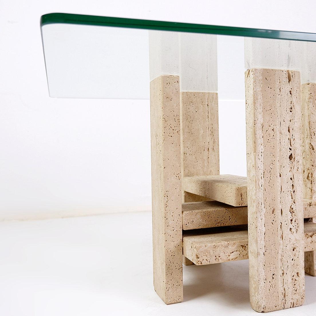 20th Century Glass and Travertine Square Coffee Table by Willy Ballez, 1970s (60x60cm) For Sale