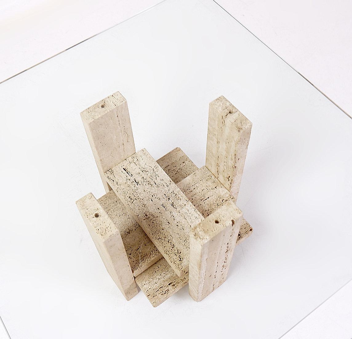 Glass and Travertine Square Coffee Table by Willy Ballez, 1970s (60x60cm) For Sale 1