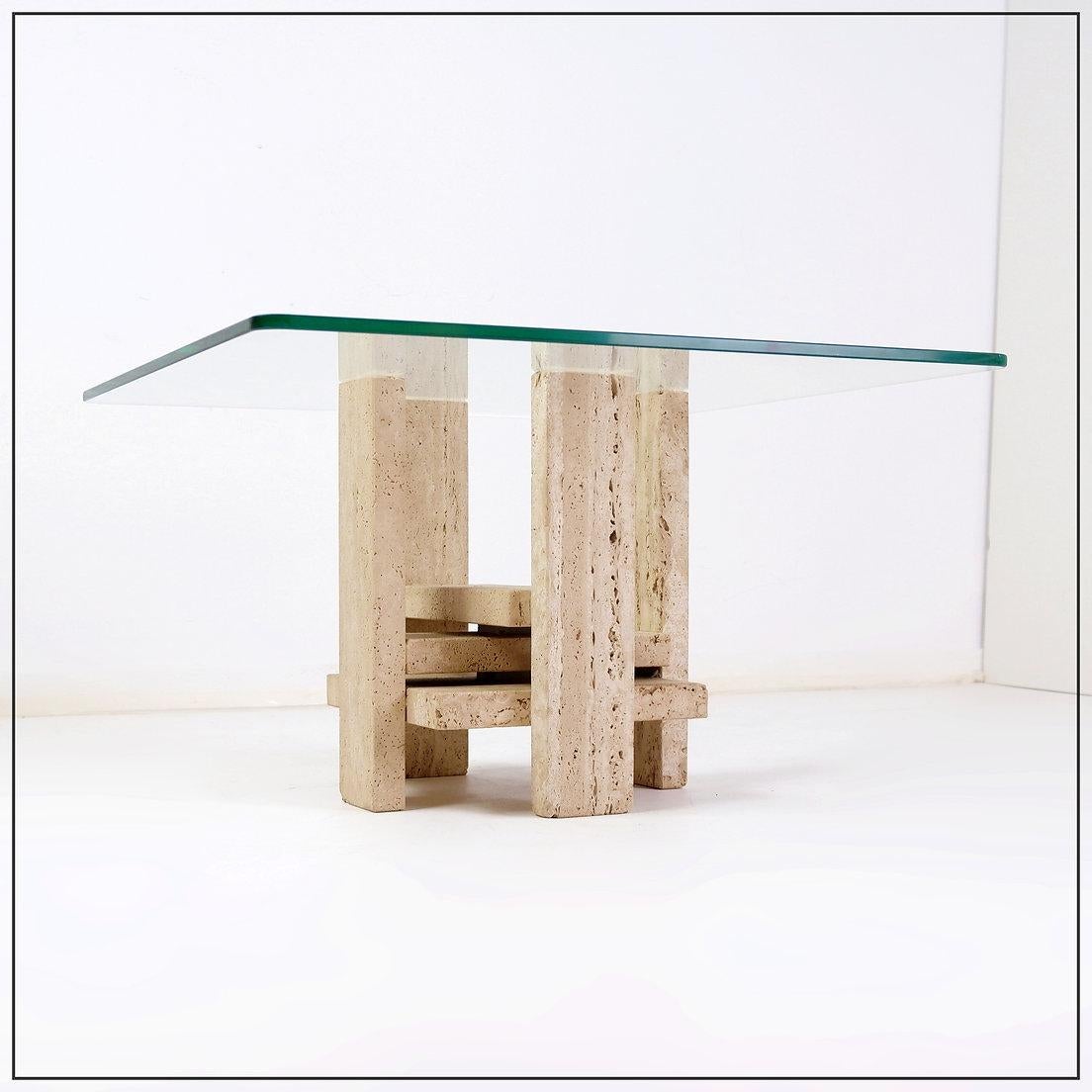 Glass and Travertine Square Coffee Table by Willy Ballez, 1970s (60x60cm) For Sale 2