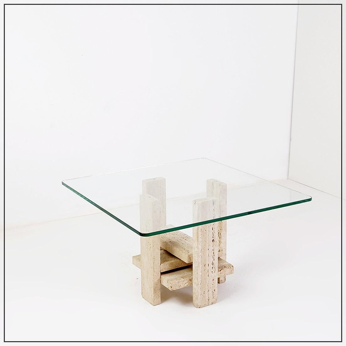Glass and Travertine Square Coffee Table by Willy Ballez, 1970s (60x60cm) For Sale 3