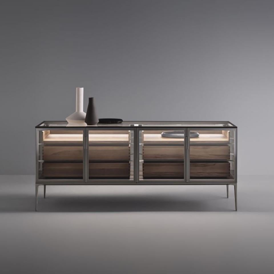 Italian Glass and Walnut Wood Sideboard by Giuseppe Bavuso For Sale