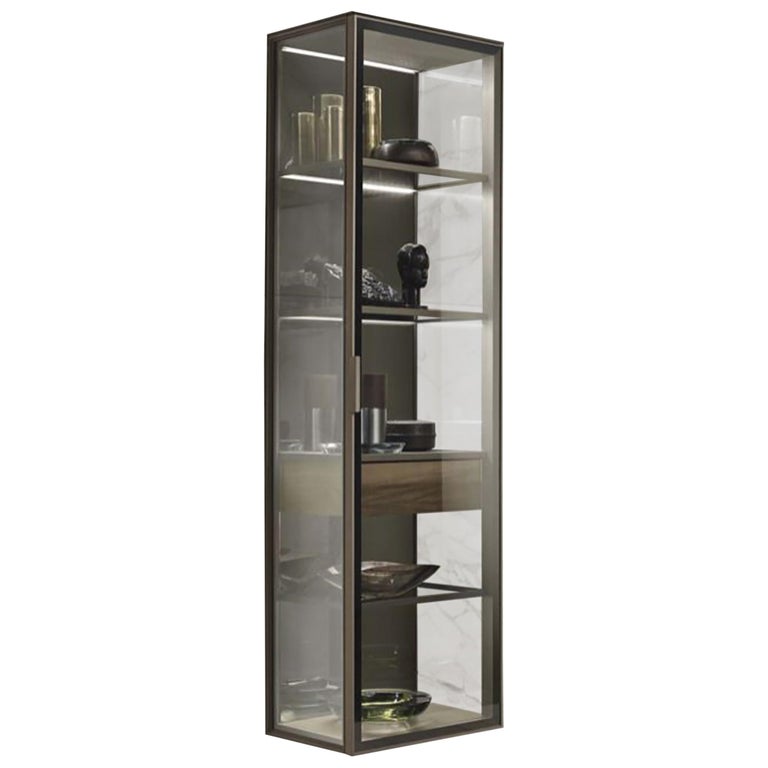 Glass and Walnut Wood Vertical Wall Cabinet For Sale