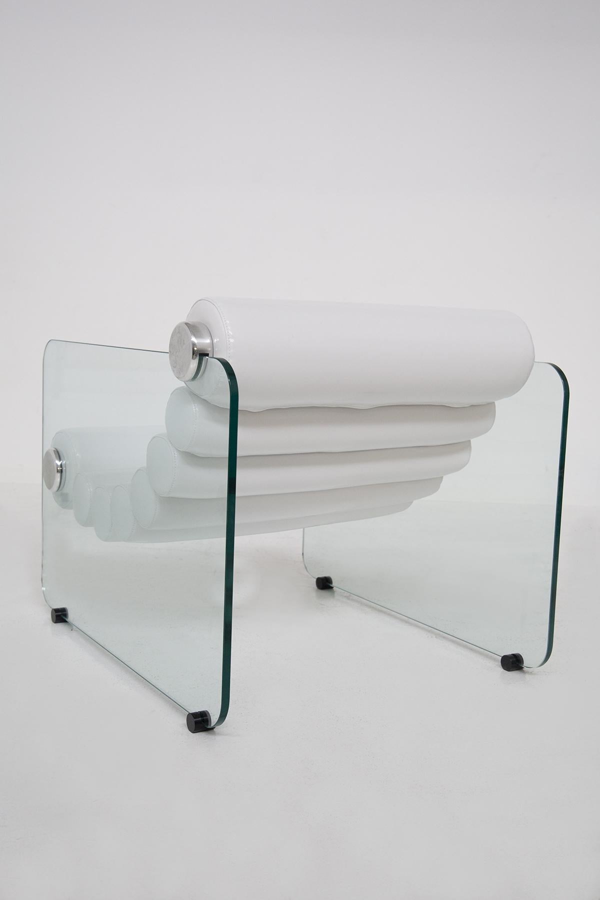 Glass and White Leather Vintage Armchairs by Fabio Lenci 3