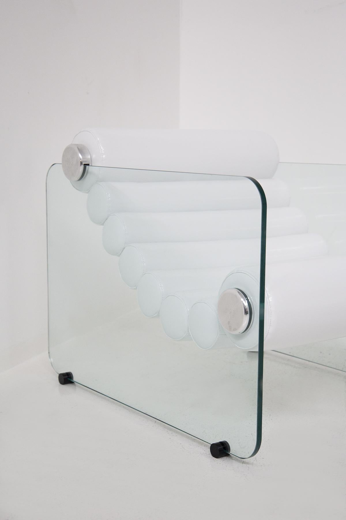 Glass and White Leather Vintage Armchairs by Fabio Lenci In Good Condition In Milano, IT