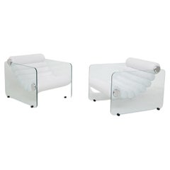Glass and White Leather Vintage Armchairs by Fabio Lenci