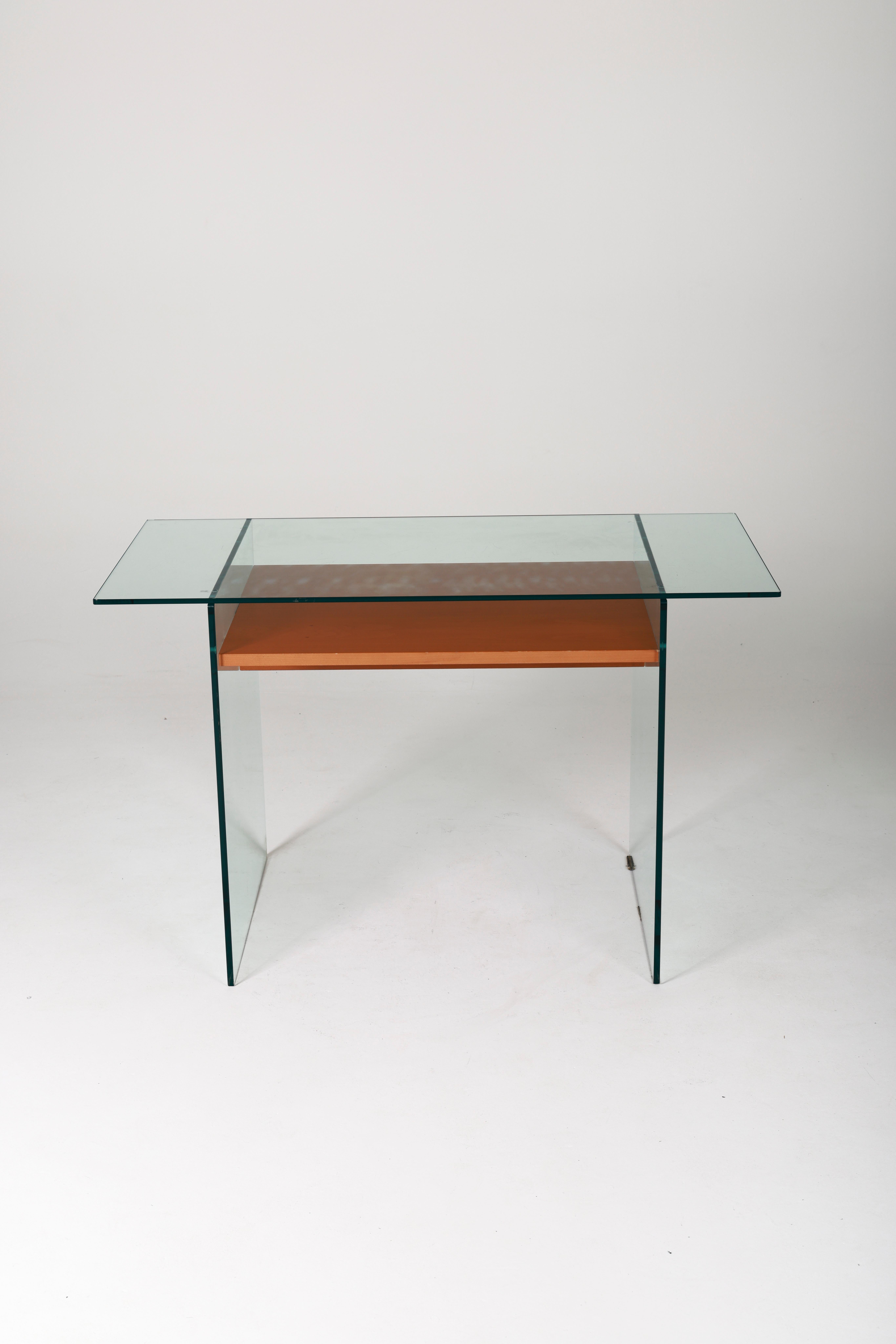Glass and wood desk, 1980s In Good Condition In PARIS, FR