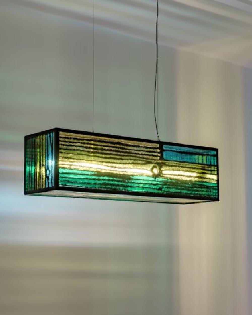 Italian GLASS AND WOOD Horizontal pendant lamp by Richard Woods for Wonderglass For Sale