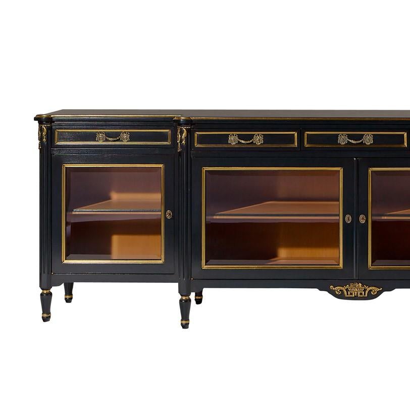 Sideboard Louis XVI. Four glass doors with internal shelf and five drawers. Wooden top. Available also with wooden doors.
