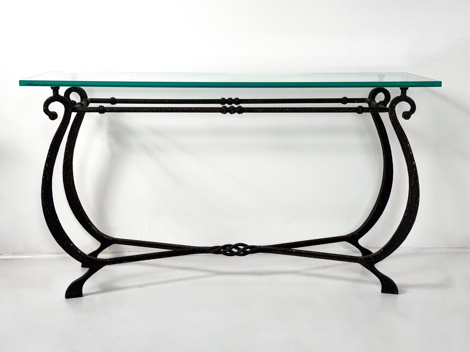 French Glass and Wrought Iron Console, France, 1940s For Sale