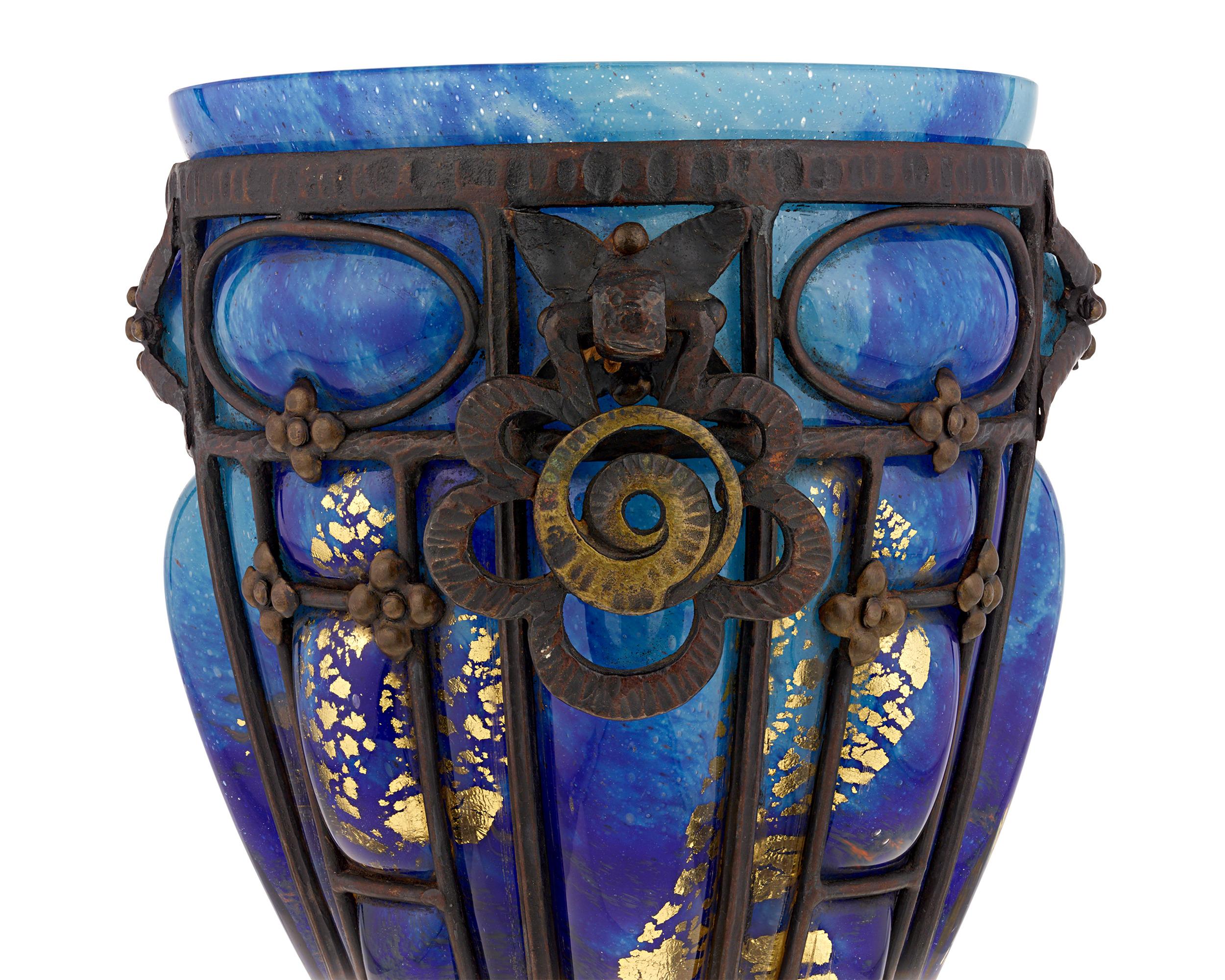 Art Deco Glass And Wrought Iron Vase By Daum And Majorelle For Sale