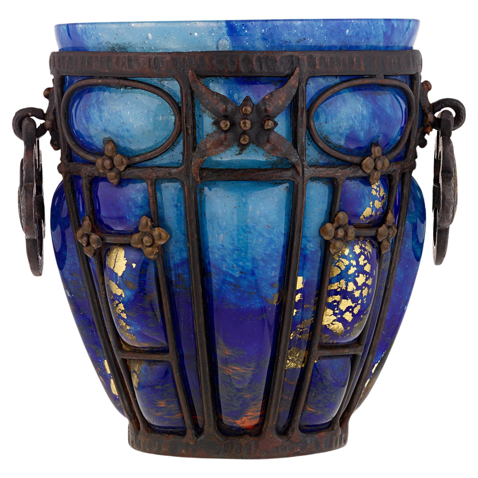 Glass And Wrought Iron Vase By Daum And Majorelle For Sale