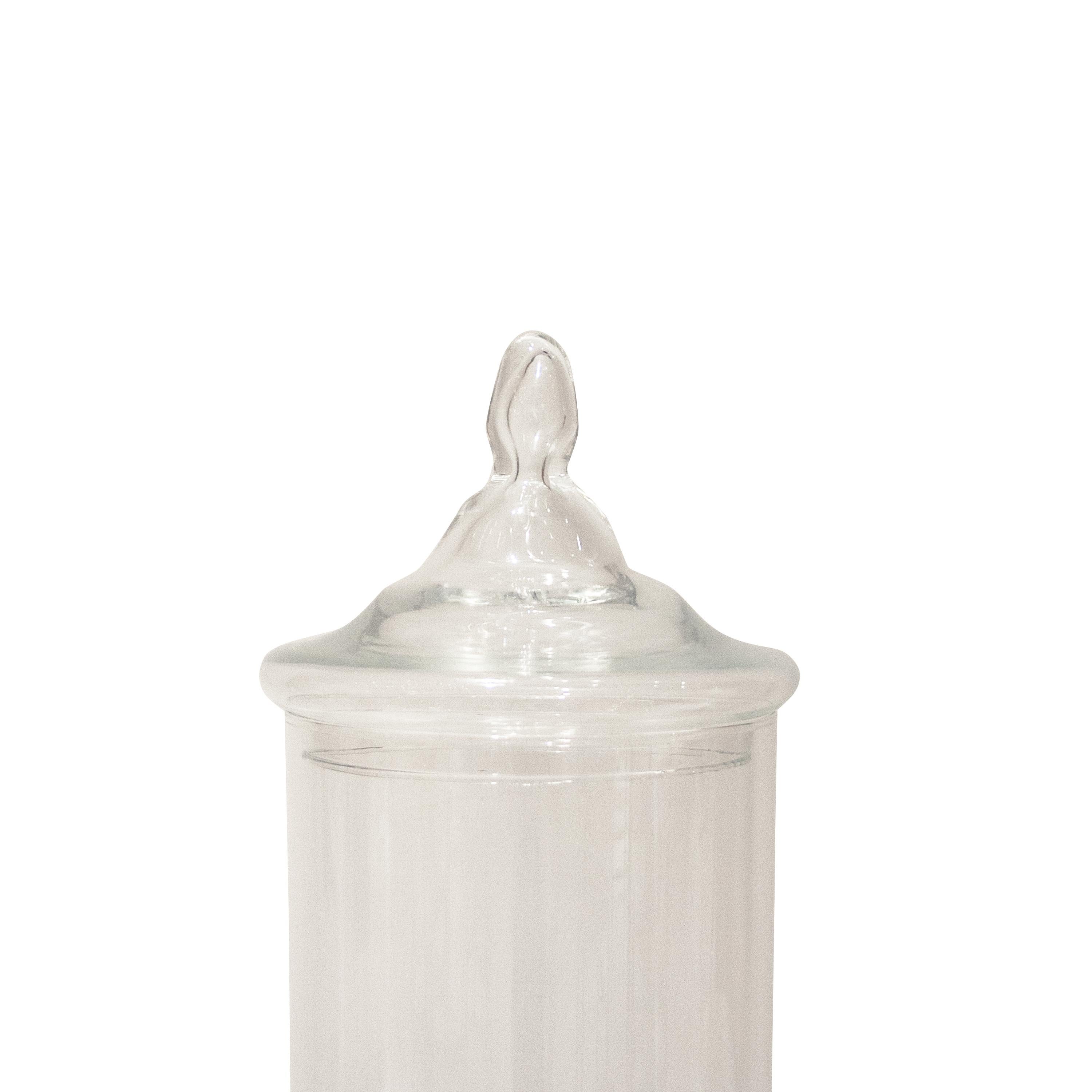 Vaso alto da farmacia con coperchio in vetro trasparente.