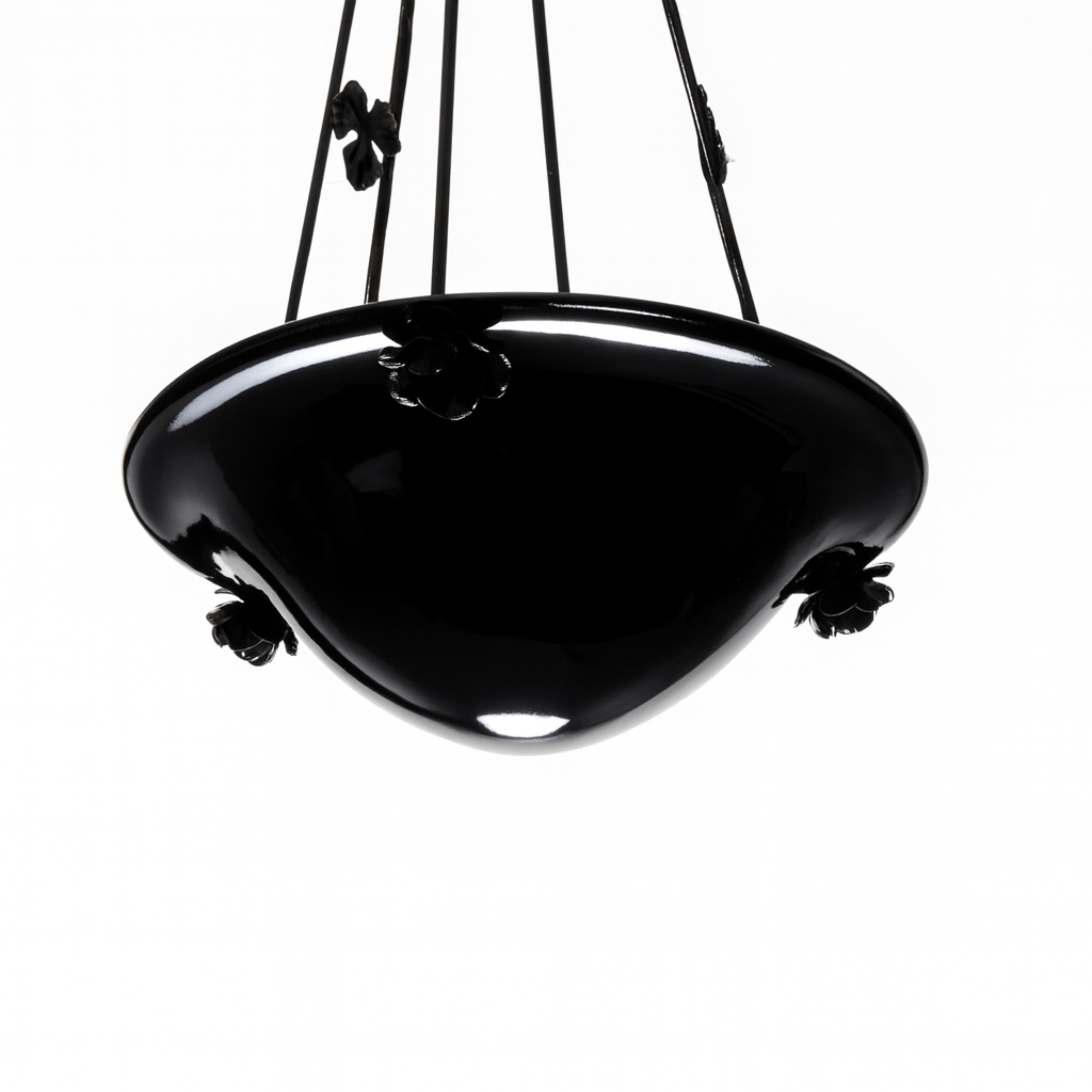Glass Art Nouveau Black Lacquer Chandelier, Ceiling Pendant, Early 20th Century Bon état - En vente à Lisbon, PT