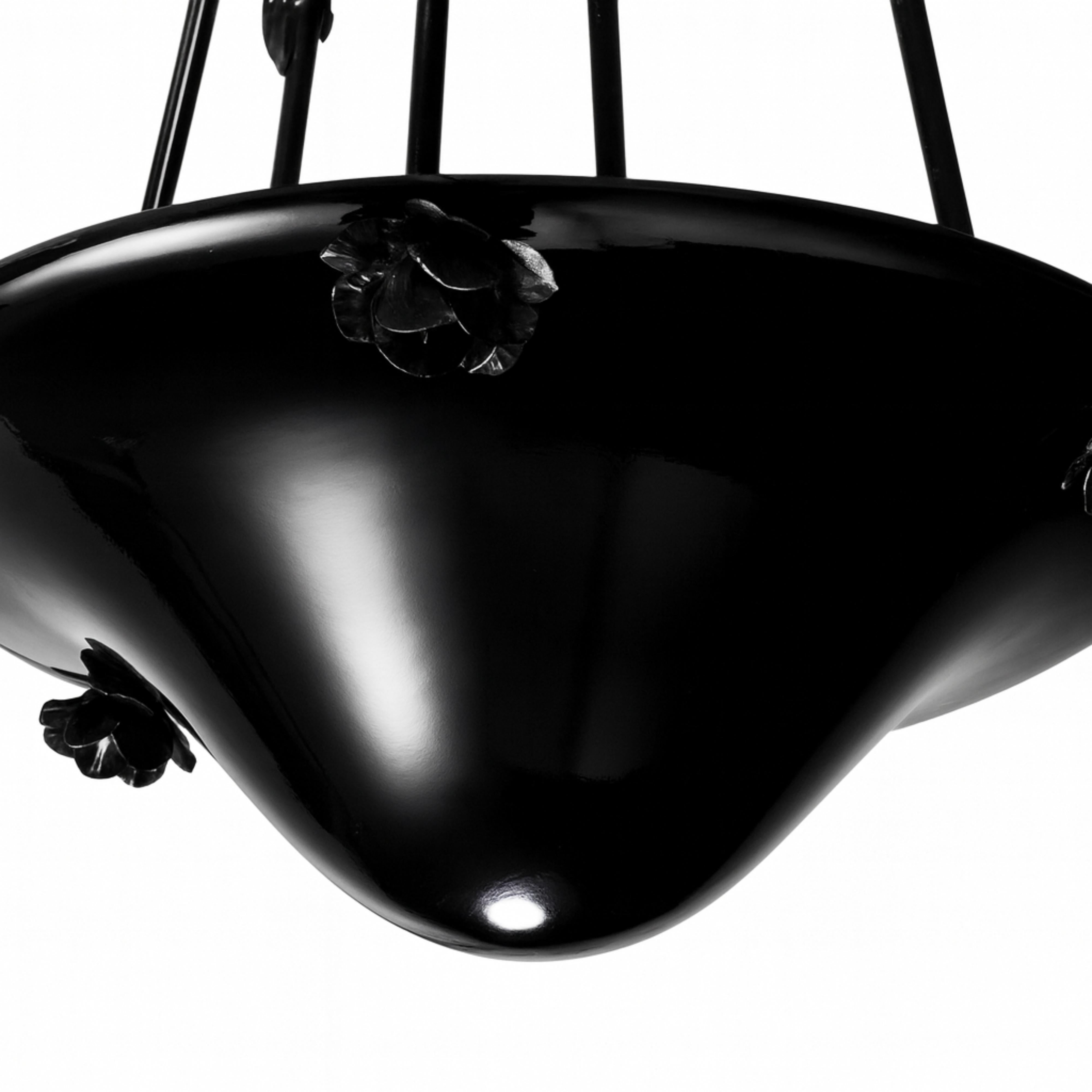 20ième siècle Glass Art Nouveau Black Lacquer Chandelier, Ceiling Pendant, Early 20th Century en vente