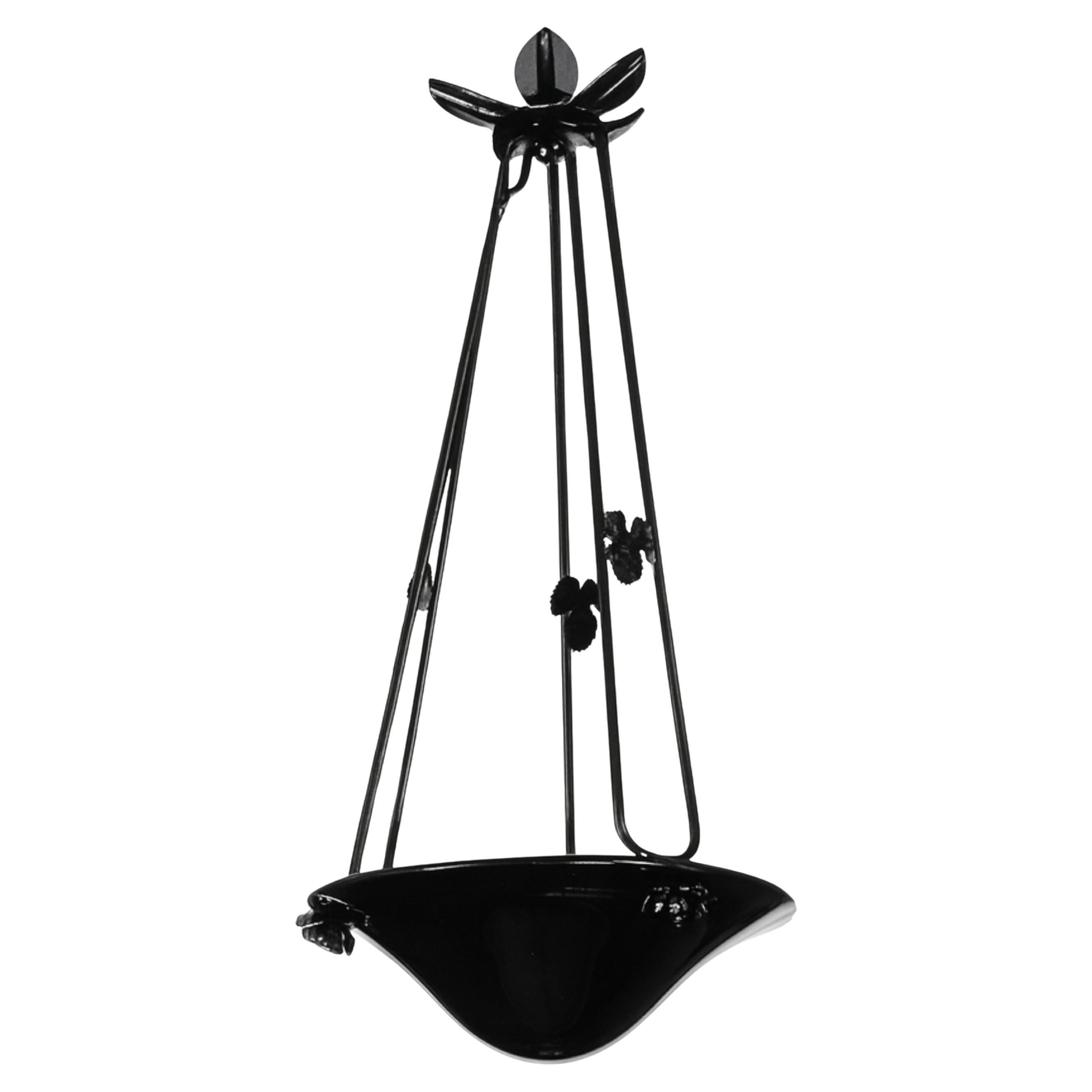 Glass Art Nouveau Black Lacquer Chandelier, Ceiling Pendant, Early 20th Century