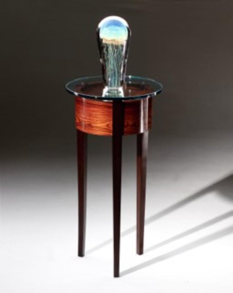 Lighted Glass Top Art Stand with Coco Bola and Walnut Base For Sale at