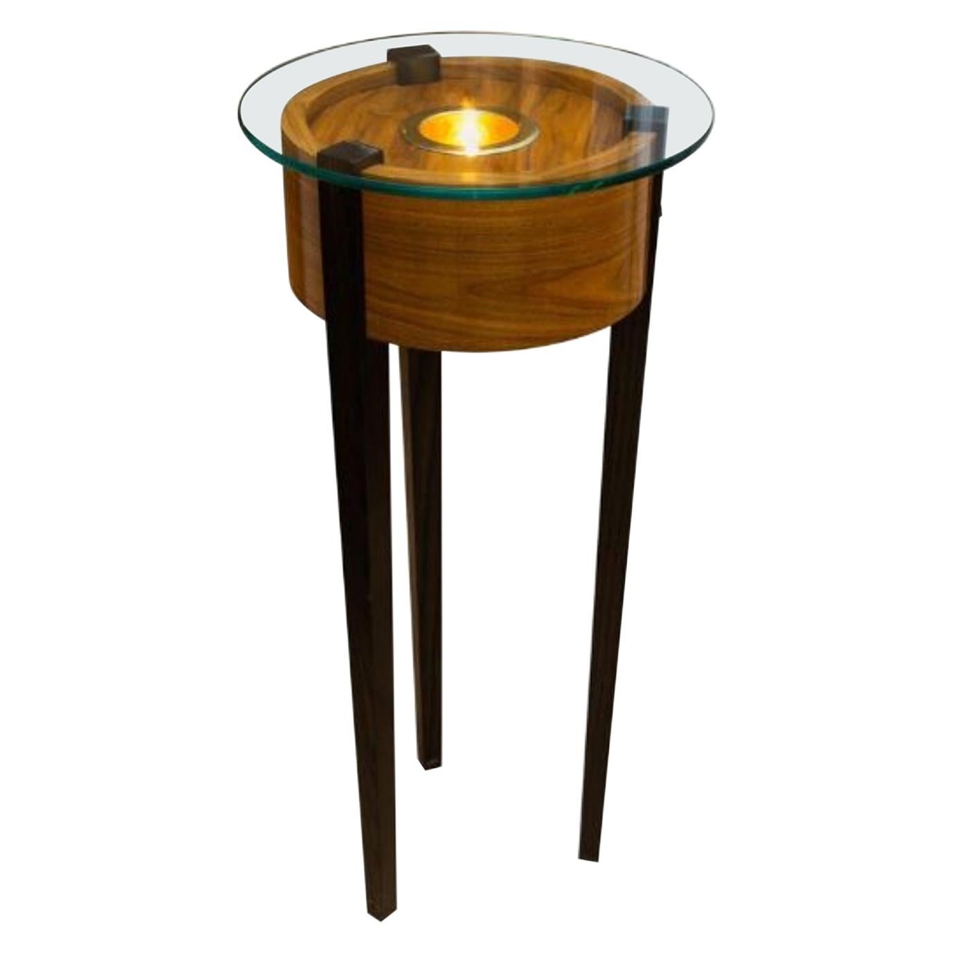 Lighted Glass Top Art Stand with Coco Bola and Walnut Base  For Sale