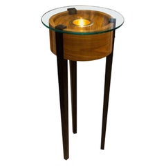 Lighted Glass Top Art Stand with Coco Bola and Walnut Base 