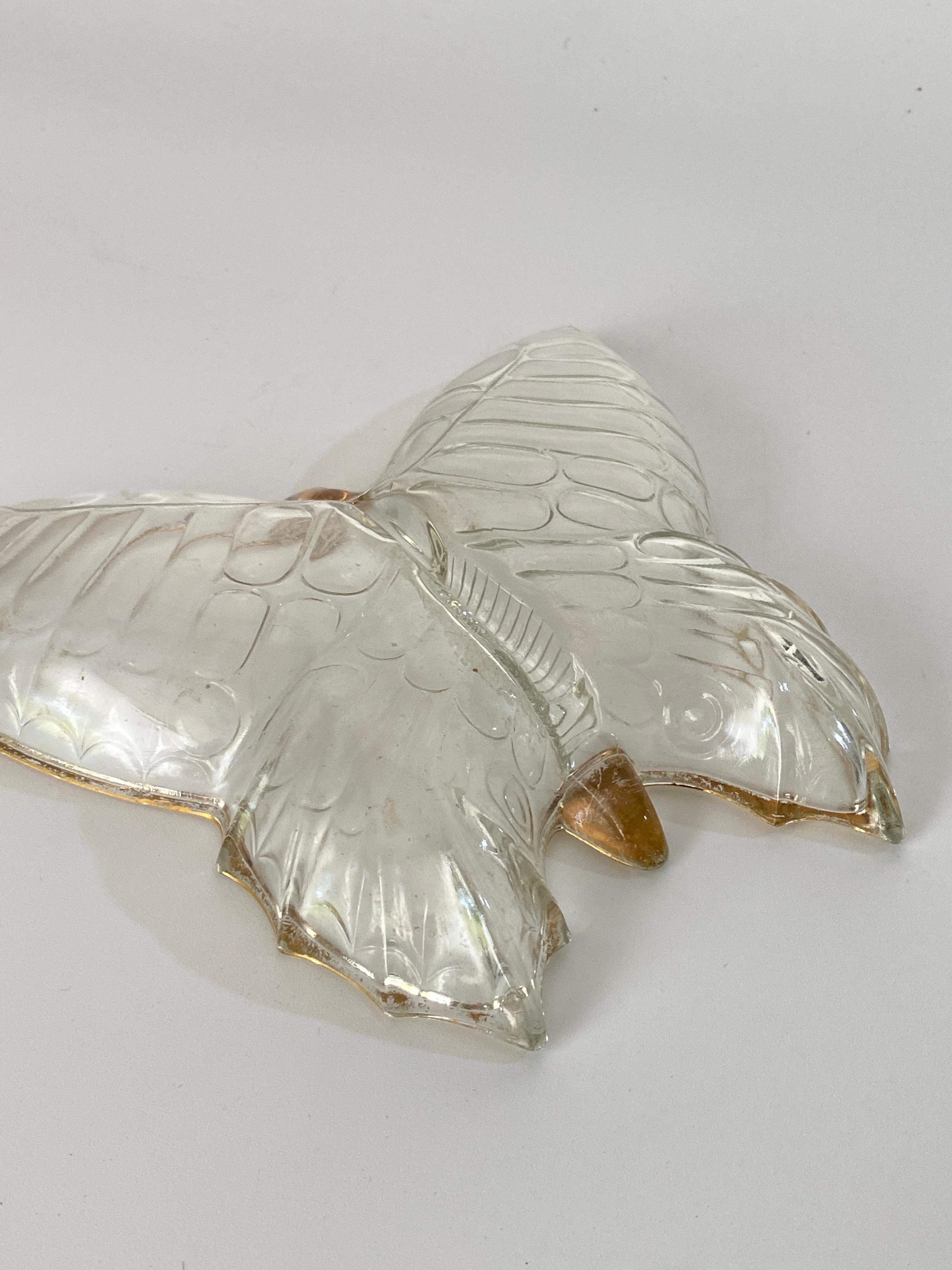 Glass Ashtray or Vide Poche, Butterfly Shape, with a Gilted Decor Pattern For Sale 1
