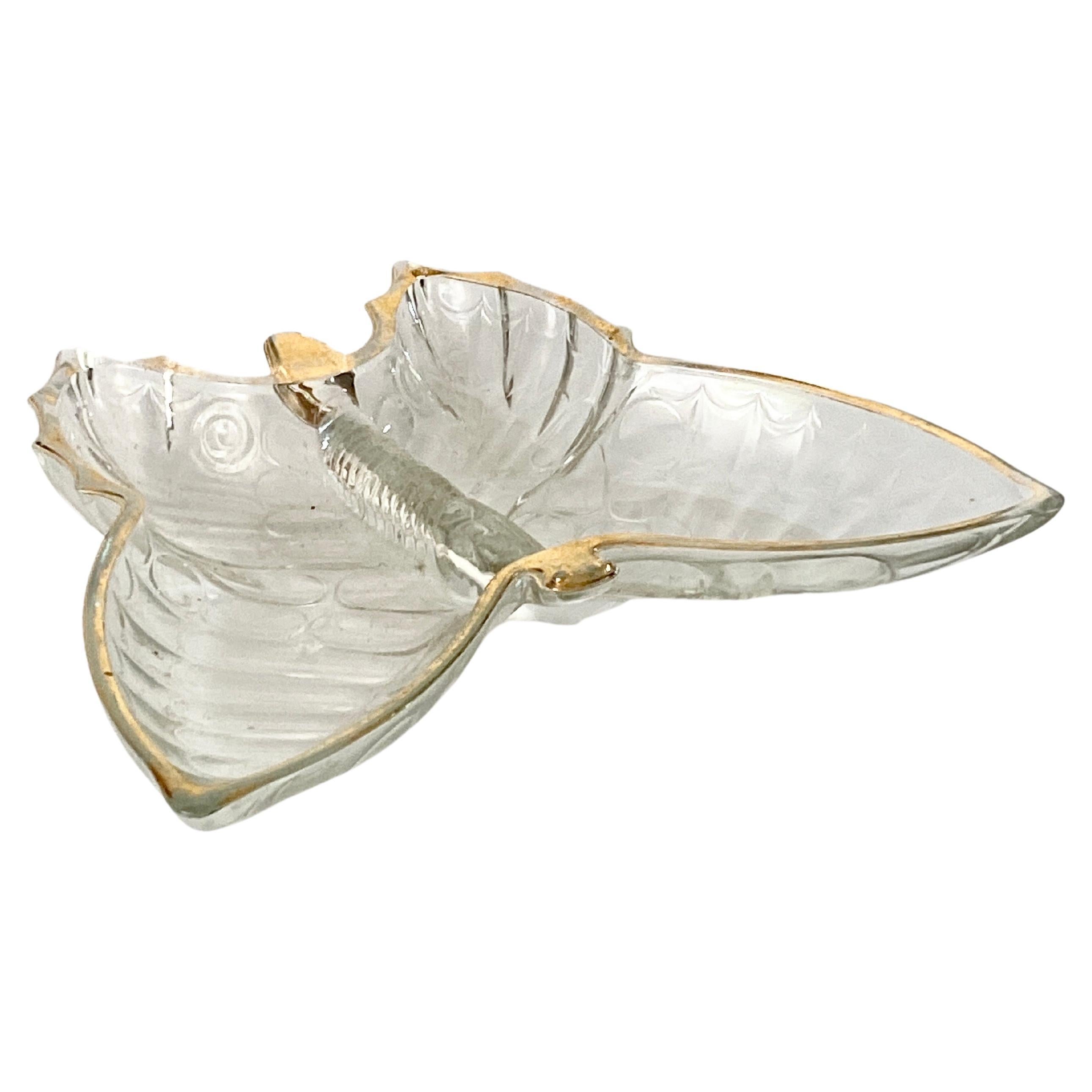 Glass Ashtray or Vide Poche, Butterfly Shape, with a Gilted Decor Pattern For Sale