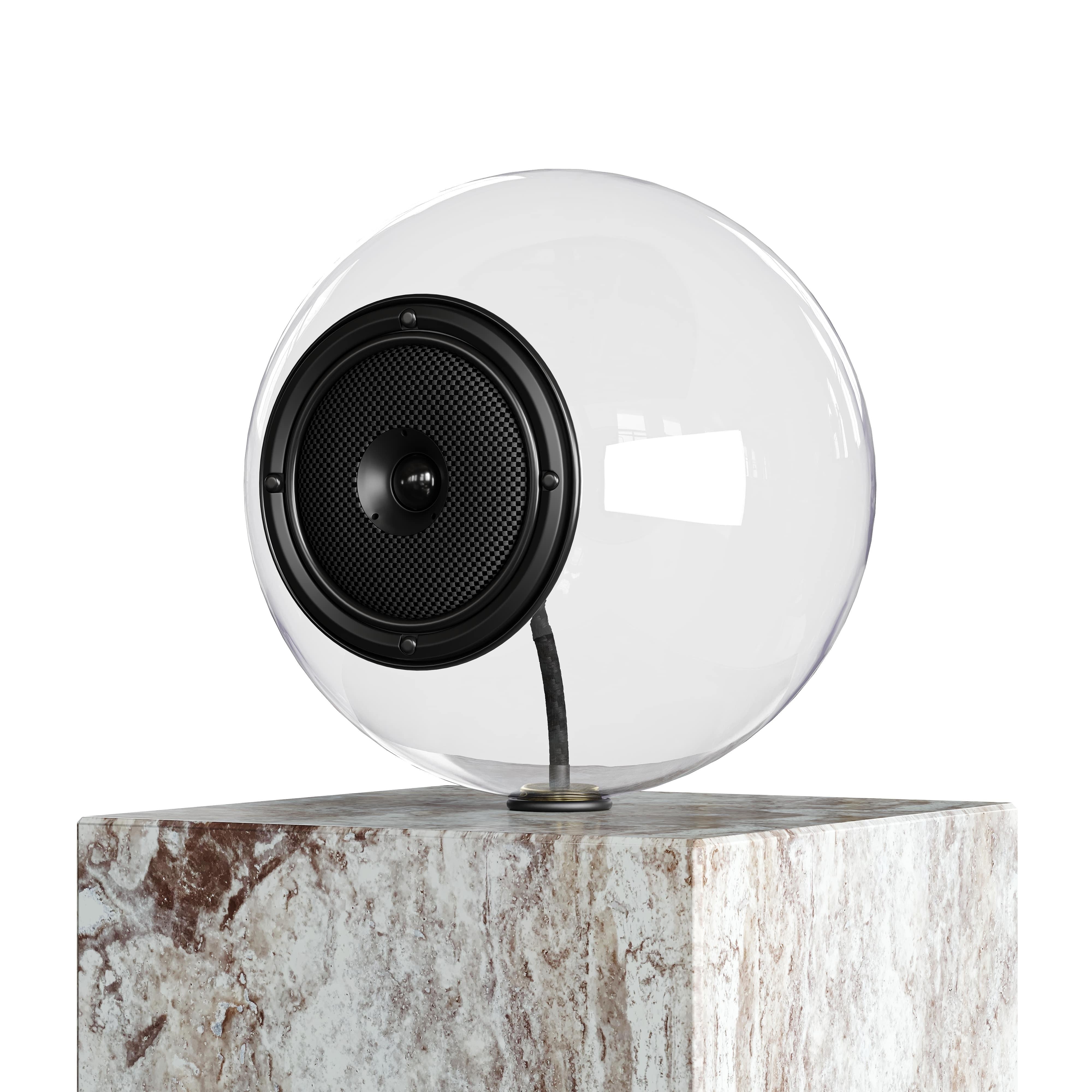 Glaskugel-Stereo-Lautsprecherset mit Travertin-Sockel, 'anpassbar' (Dänisch) im Angebot