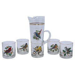 Glass Barware Set with Painted Bird Motif, c. 1960