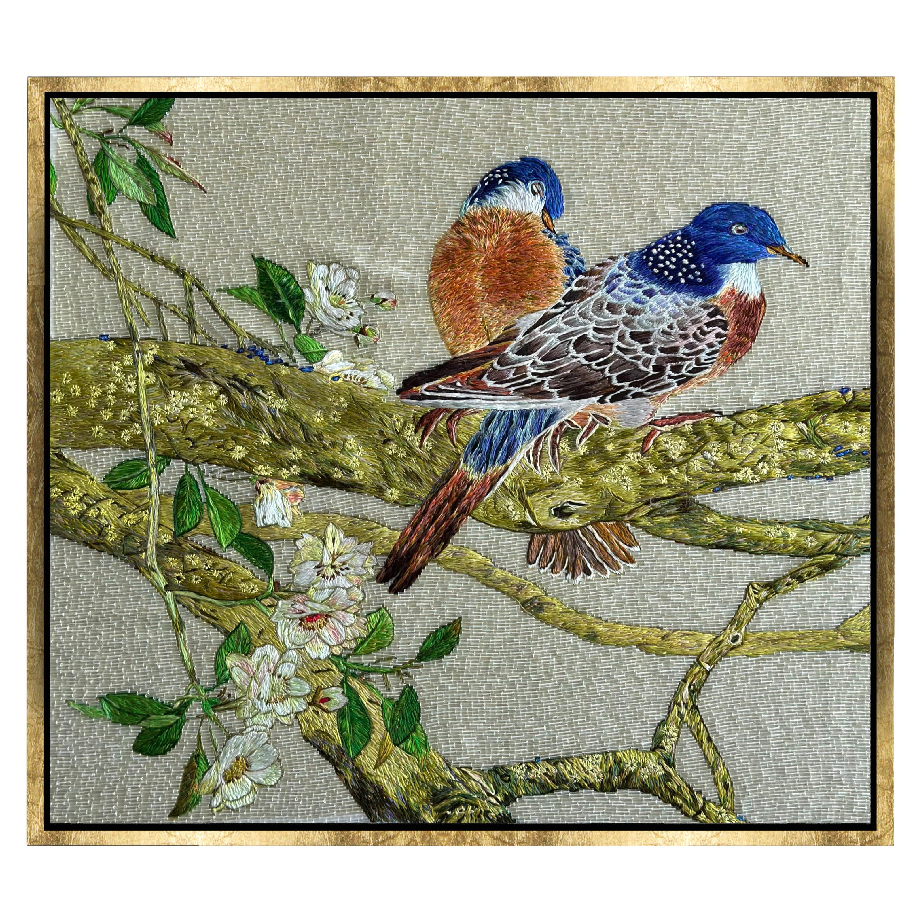 Glasperlen und feine Seidenstickerei, Frühlingsgarten, Fragment für Wandtafeln im Angebot