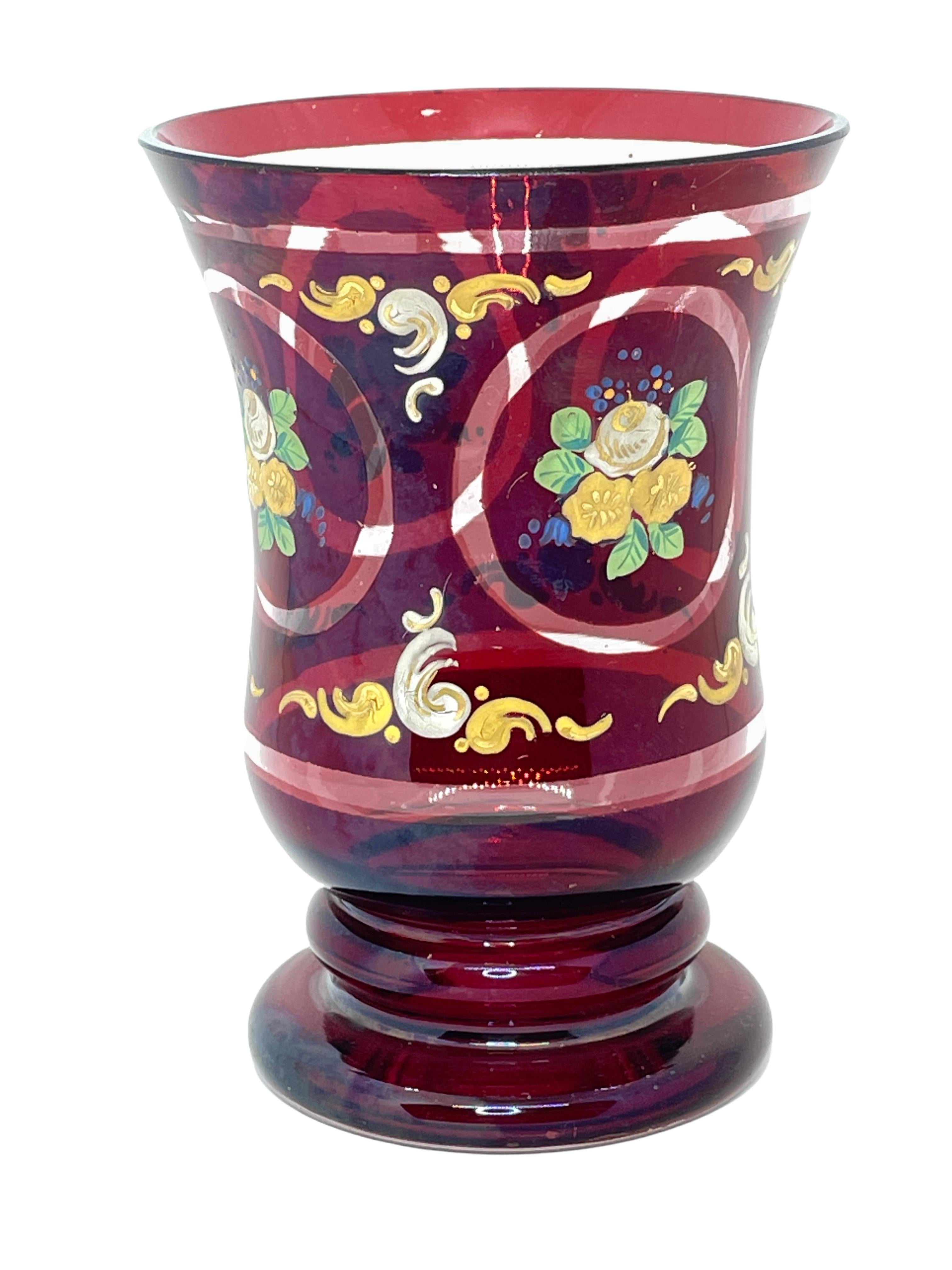 Beautiful crystal glass Bohemian art glass. Glass beaker, red glaze with enamel paint, Bohemia, mid 19th ct. A beautiful piece of art for any room or just to display in your collection.