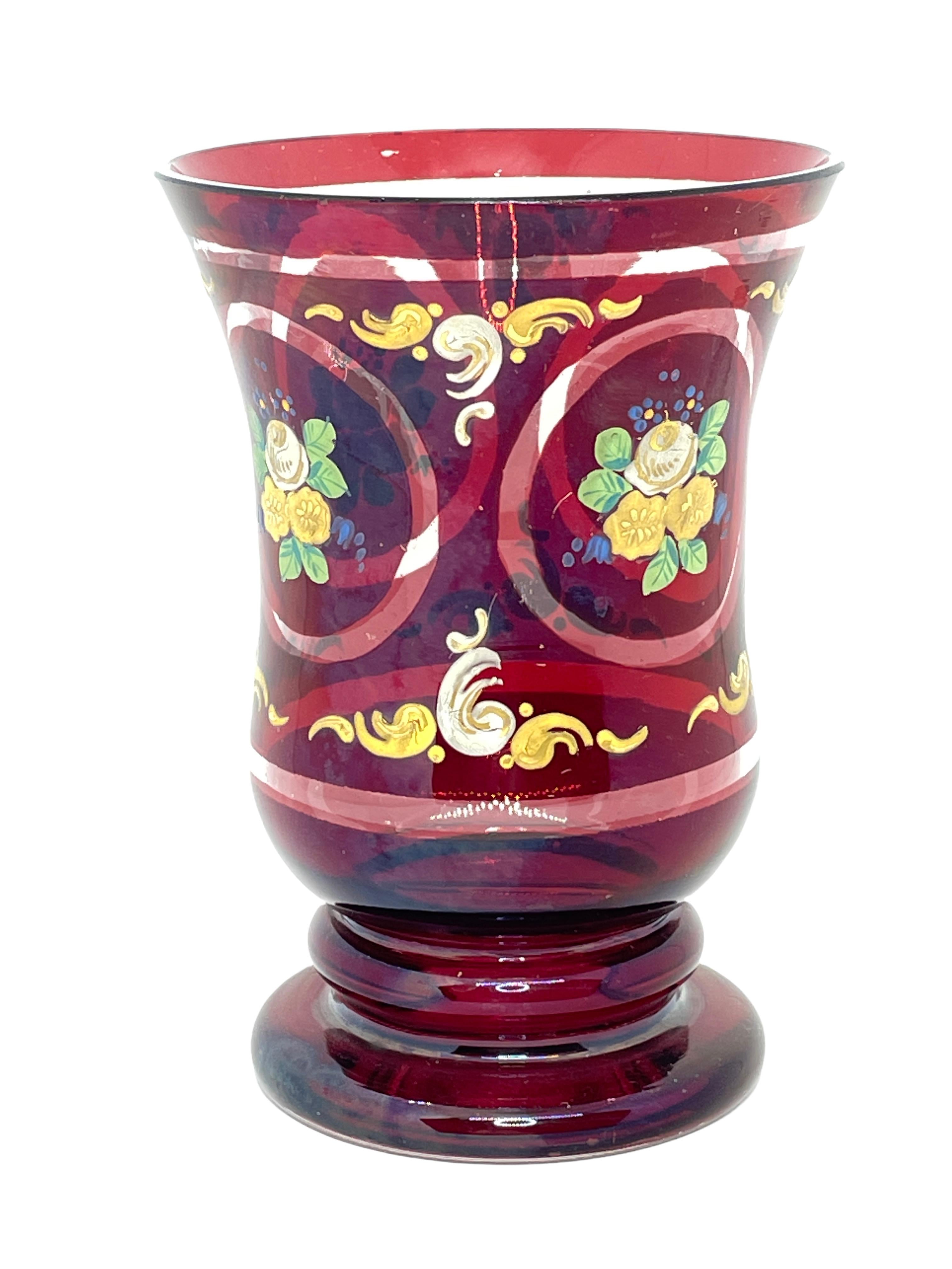Victorian Glass Beaker, Ruby Red Colored with Enamel Paint, Bohemia, Mid 19th Century For Sale