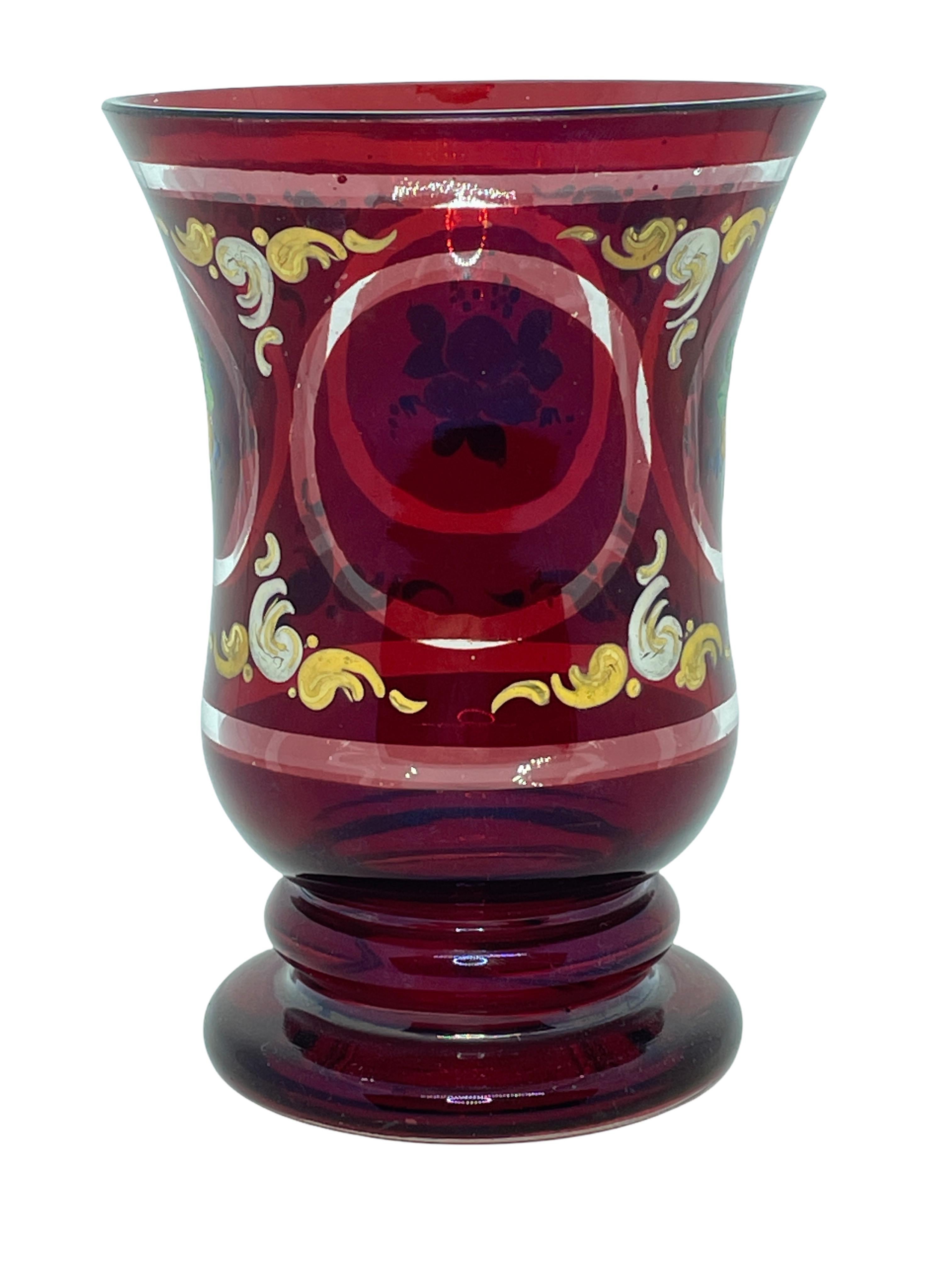 Czech Glass Beaker, Ruby Red Colored with Enamel Paint, Bohemia, Mid 19th Century For Sale