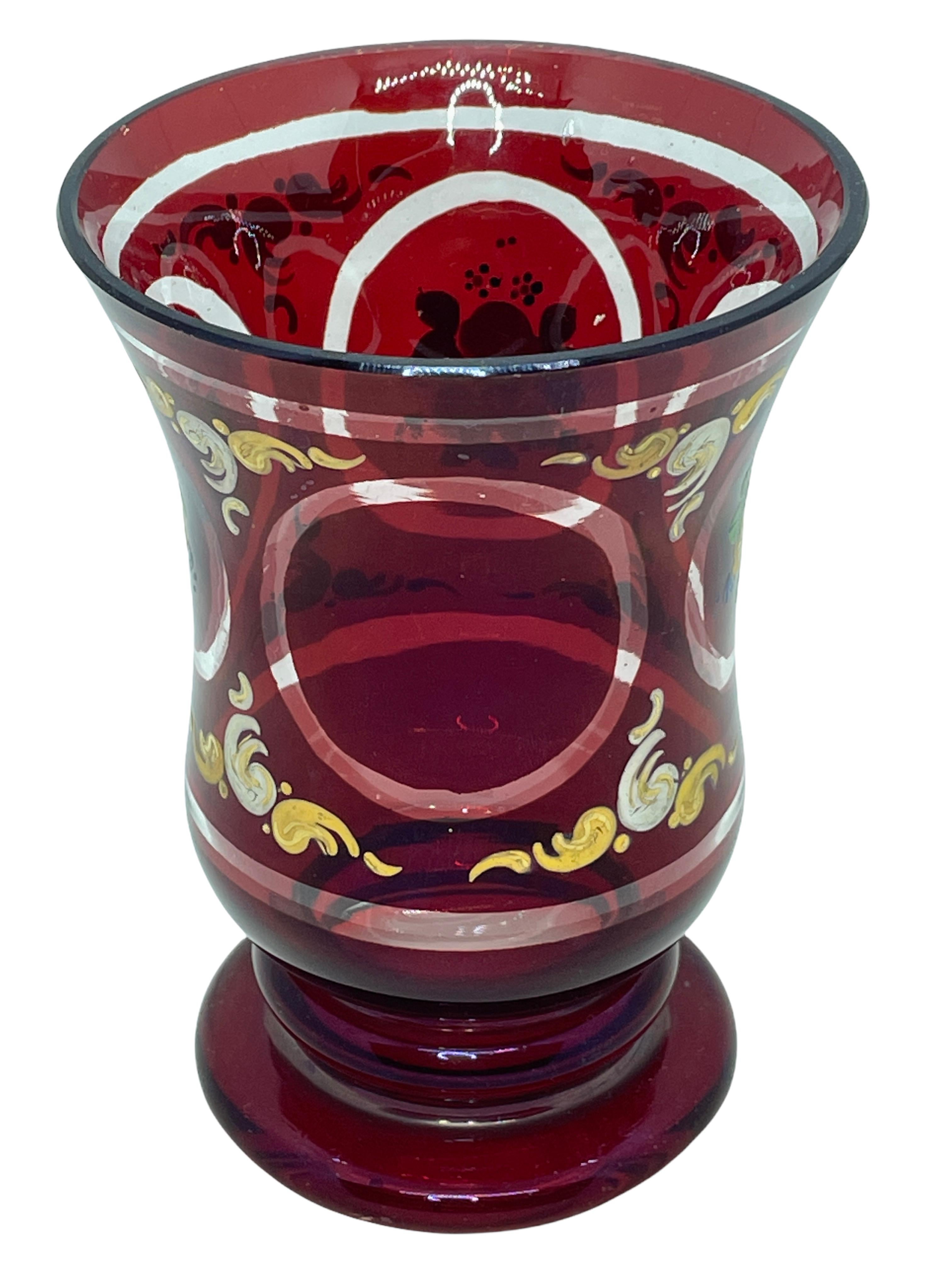 Hand-Crafted Glass Beaker, Ruby Red Colored with Enamel Paint, Bohemia, Mid 19th Century For Sale