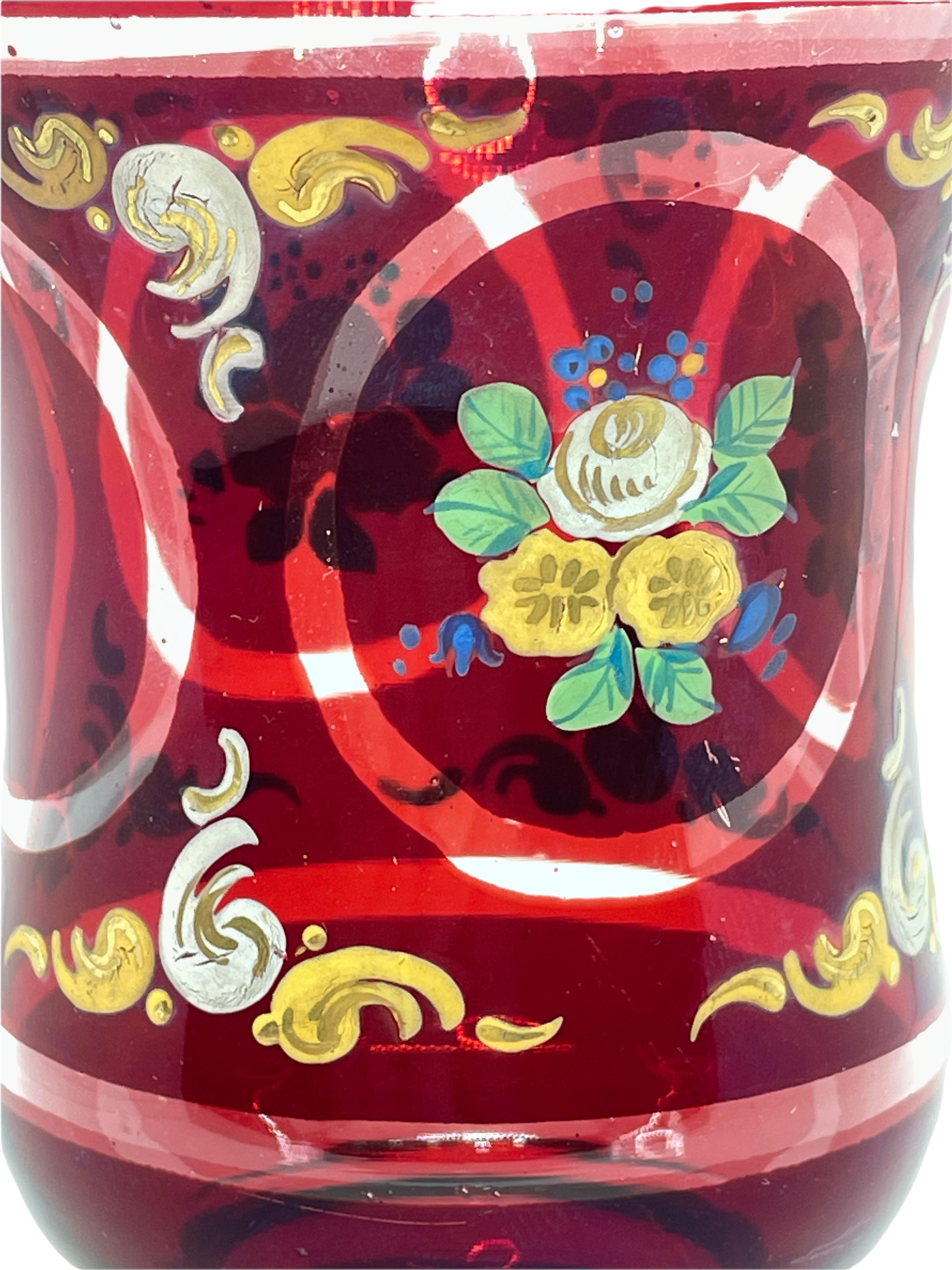 Art Glass Glass Beaker, Ruby Red Colored with Enamel Paint, Bohemia, Mid 19th Century For Sale