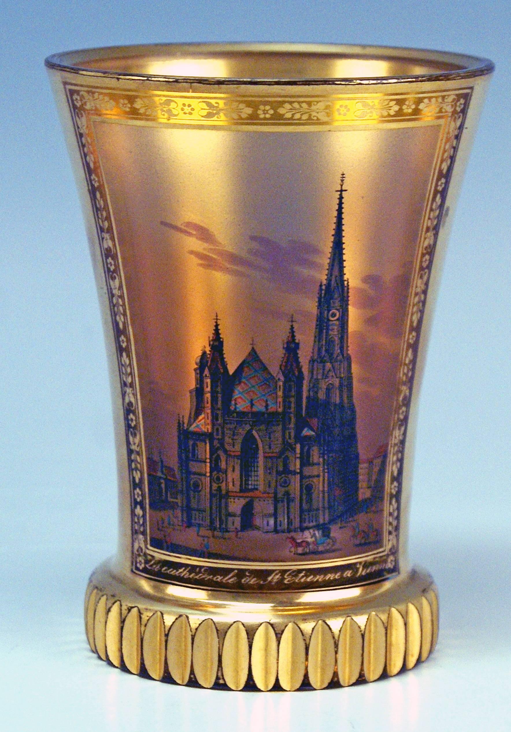 Finest glass beaker / cut-glass of Biedermeier period, with painted view of Cathedral Saint Stephen In Vienna: Picture created by Anton Kothgasser (1769-1851)
made circa 1825 

Specifications:
Stunningly manufactured golden shaded as well as
