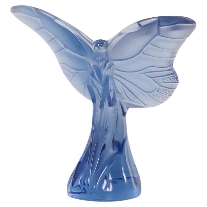 Glass Blue Butterfly Sculpture Lalique France, 1980 For Sale