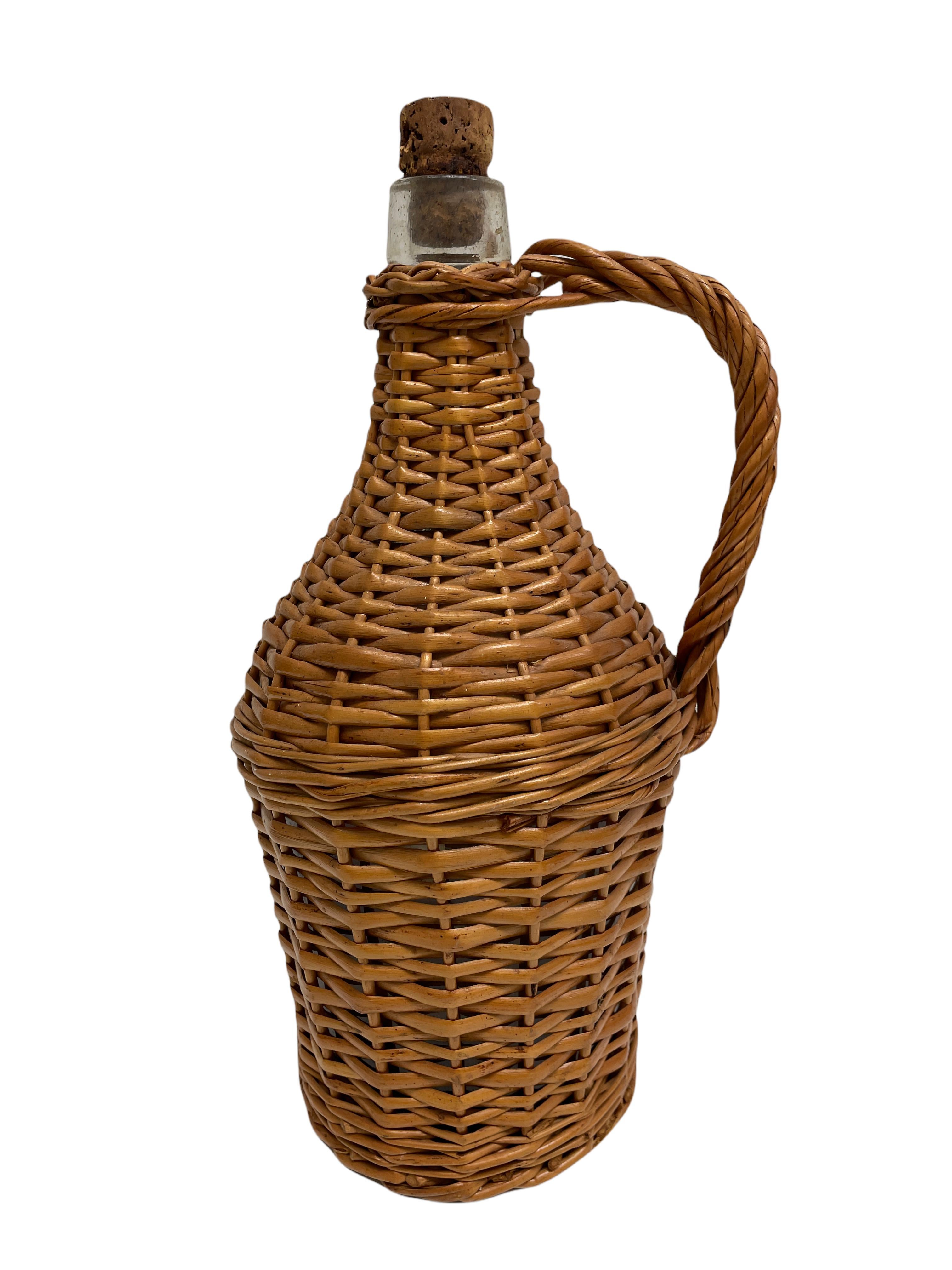 Hand-Crafted Glass Bottle in Woven Basket Wicker Ratan vintage Germany, 1960s