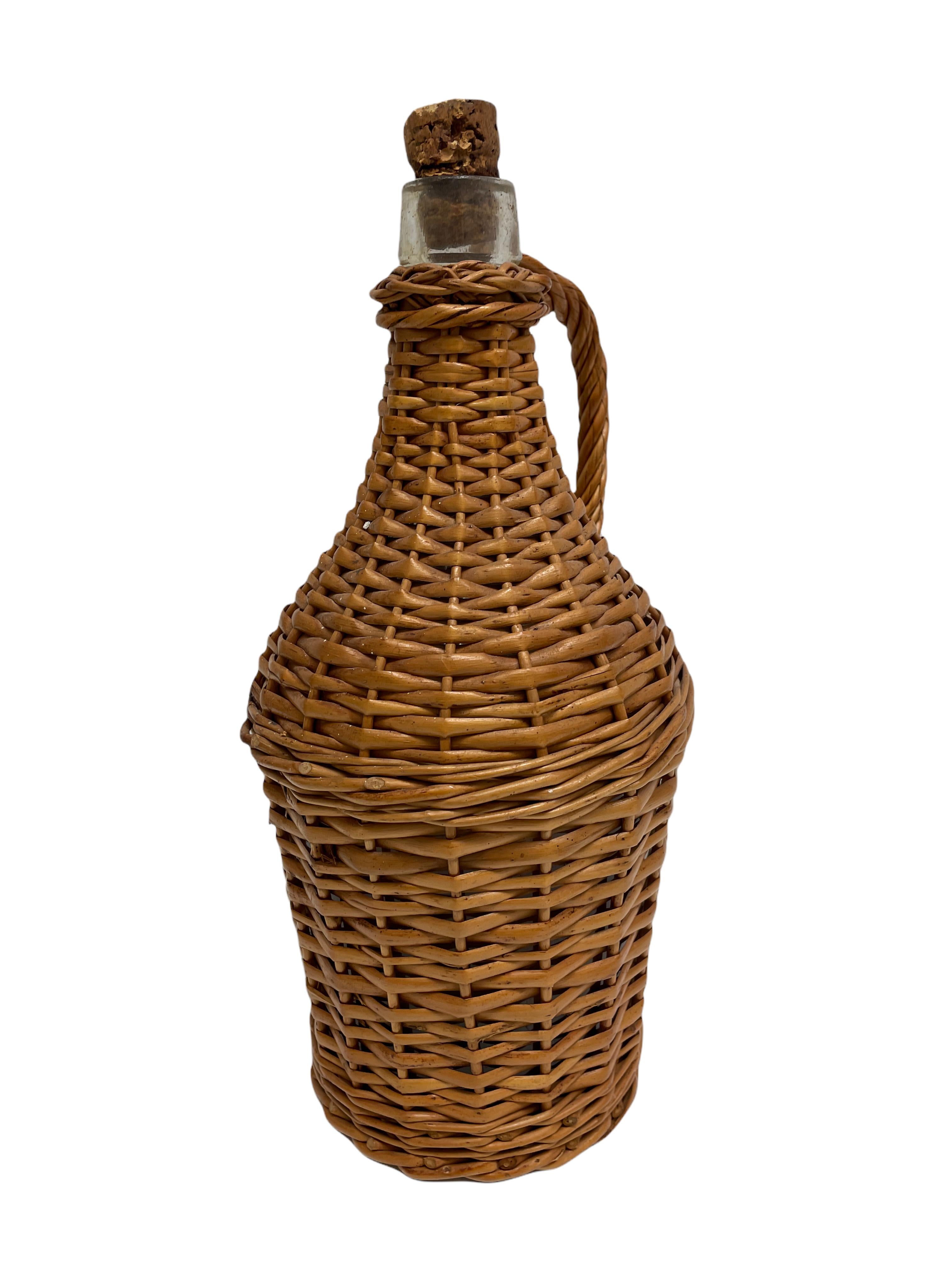Glass Bottle in Woven Basket Wicker Ratan vintage Germany, 1960s In Good Condition In Nuernberg, DE