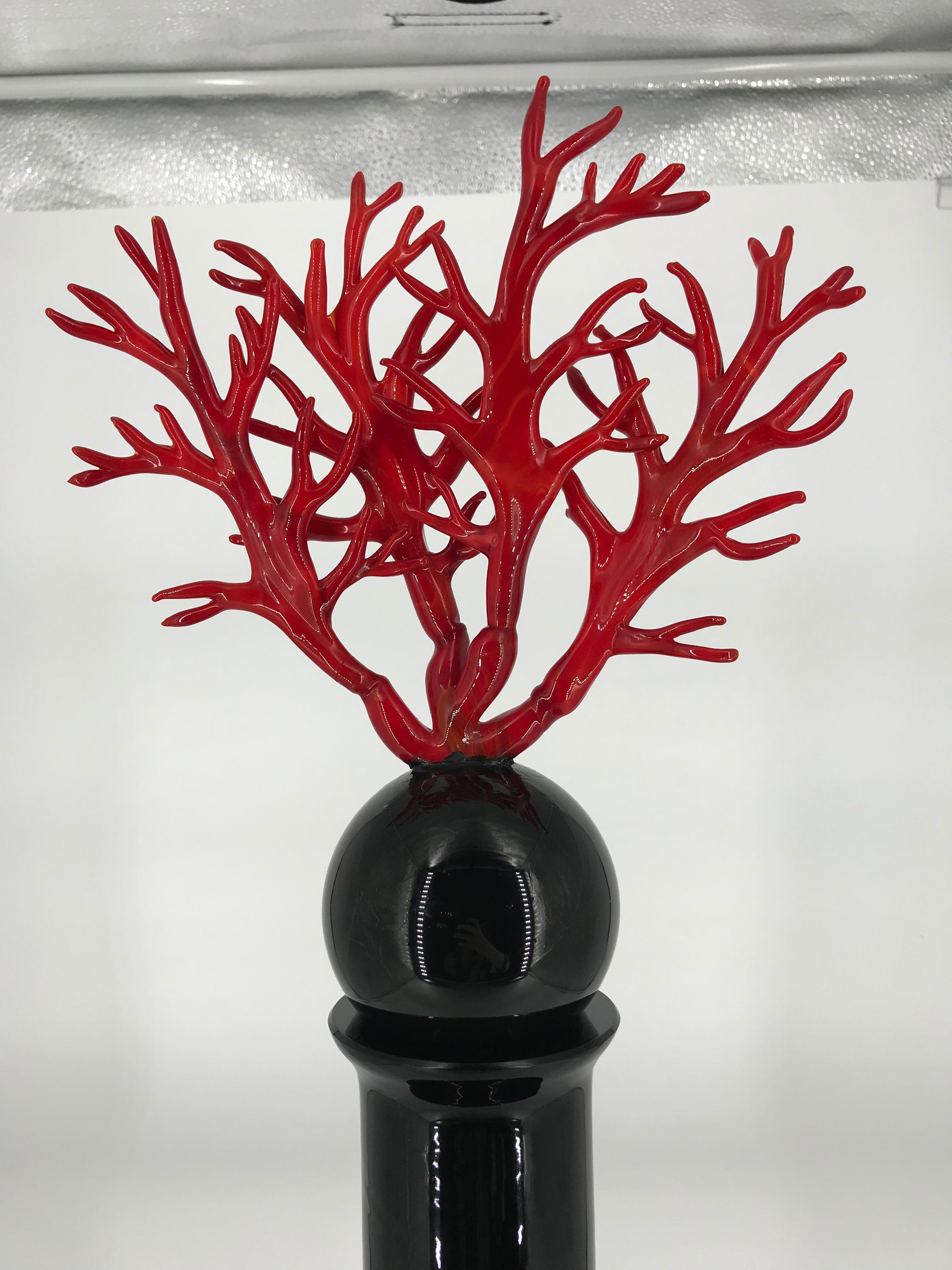 Modern Black Murano glass vase with a red coral stopper, made in Italy 2000's For Sale