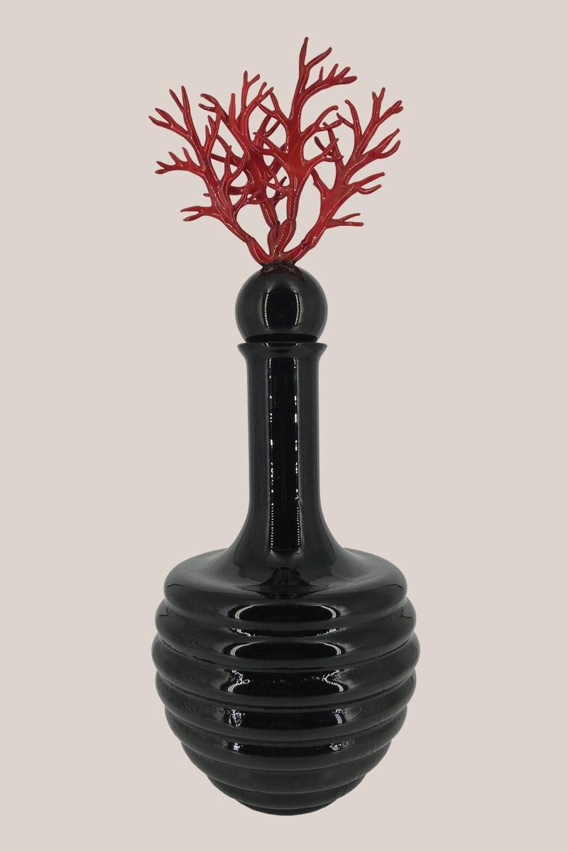 Italian Black Murano glass vase with a red coral stopper, made in Italy 2000's For Sale