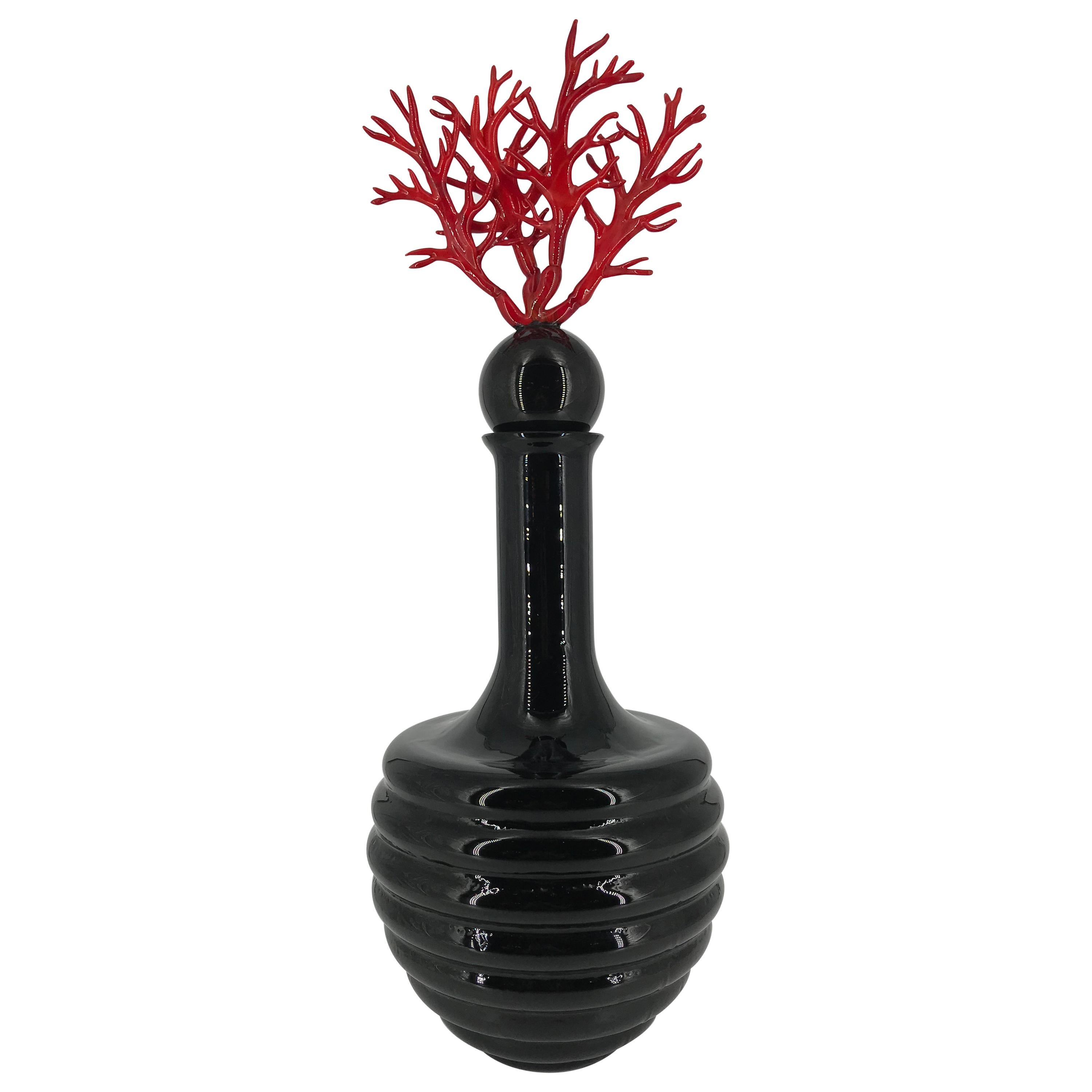 Black Murano glass vase with a red coral stopper, made in Italy 2000's For Sale