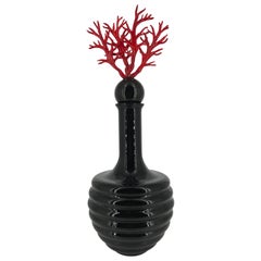 Black Murano glass vase with a red coral stopper, made in Italy 2000's