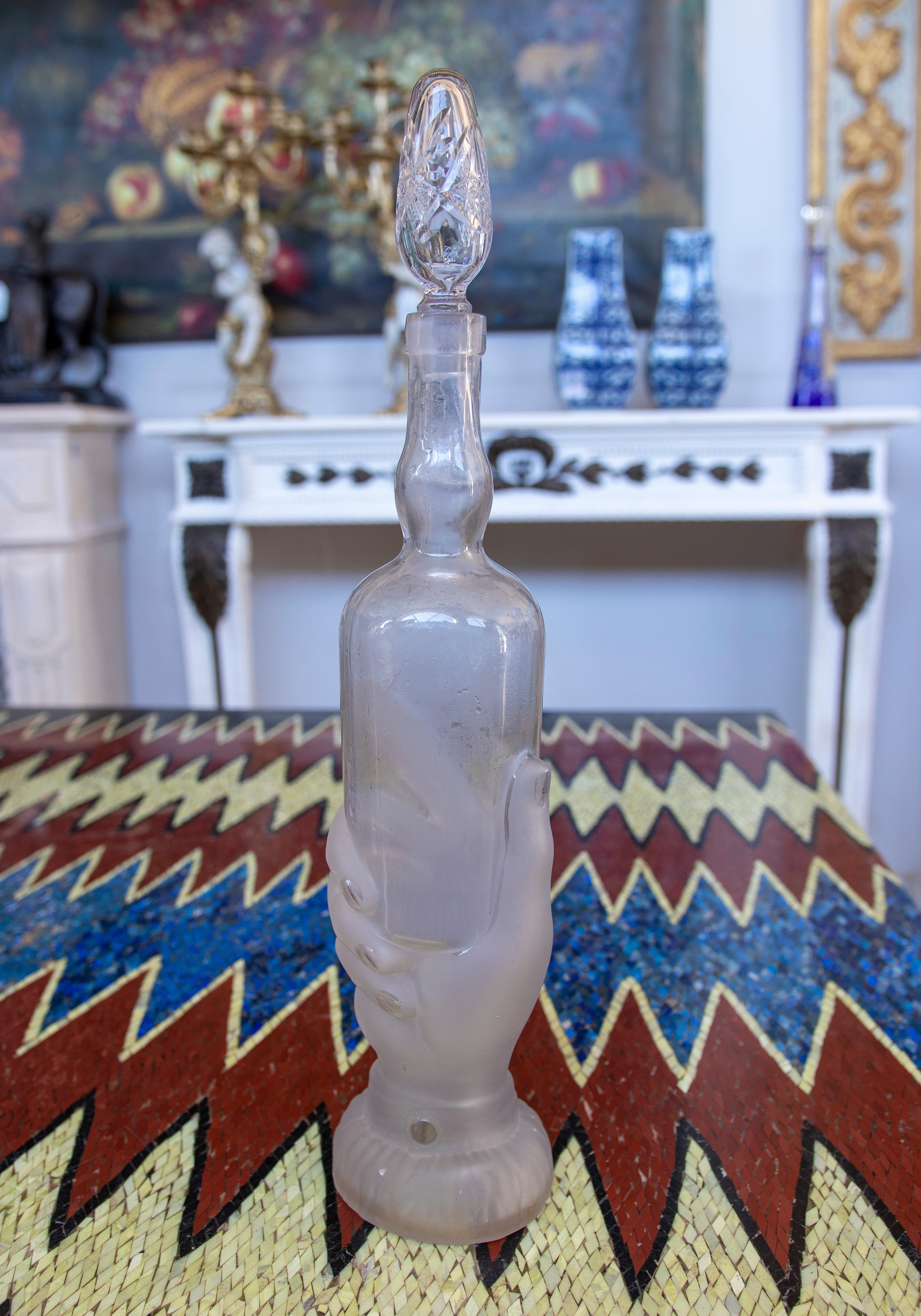 European Glass Bottle with Hand-Shaped Base and Translucent and Normal Finishes For Sale