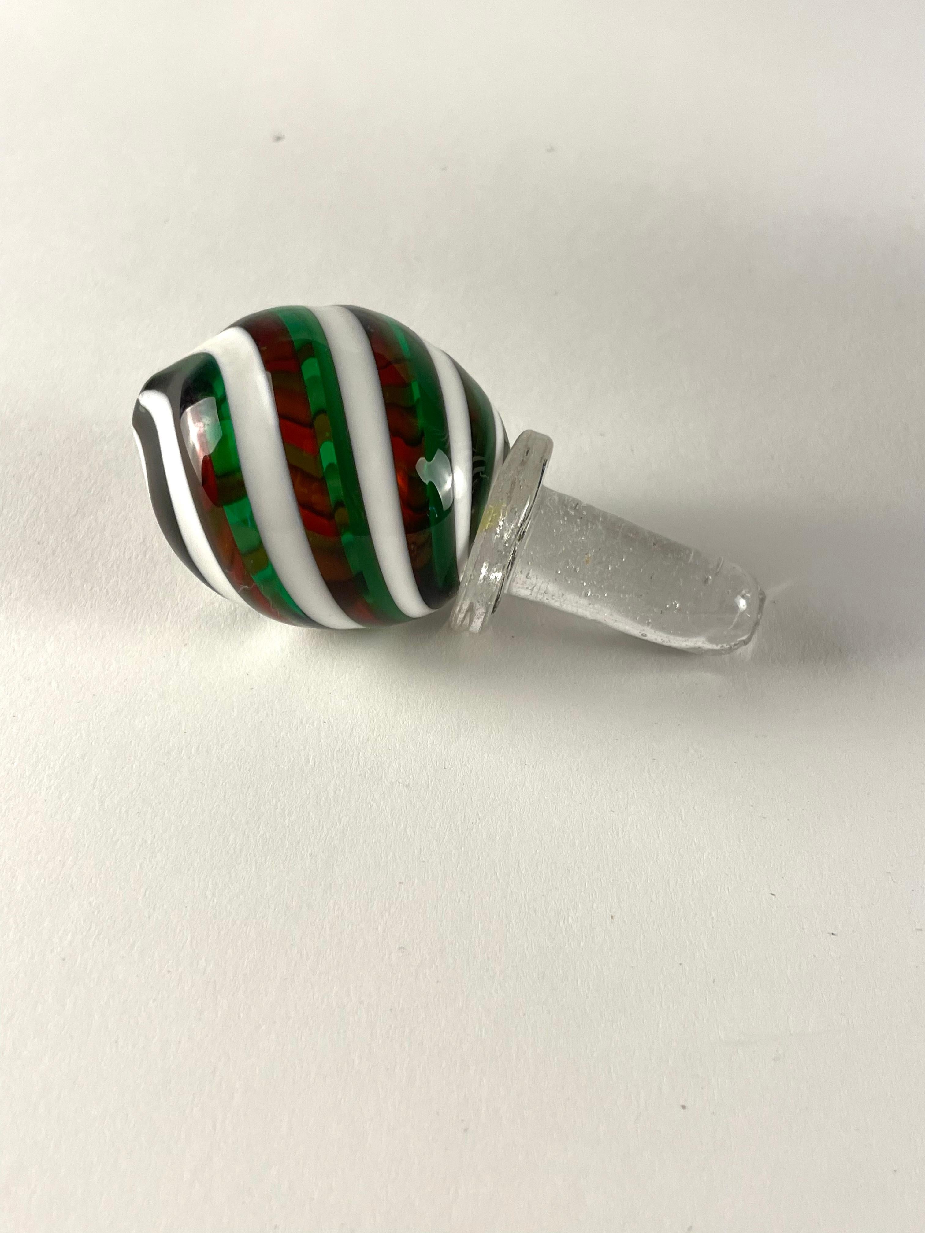 Arts and Crafts Glass Bottle with stopper - red, green and lattimo, by Fratelli Toso Murano For Sale