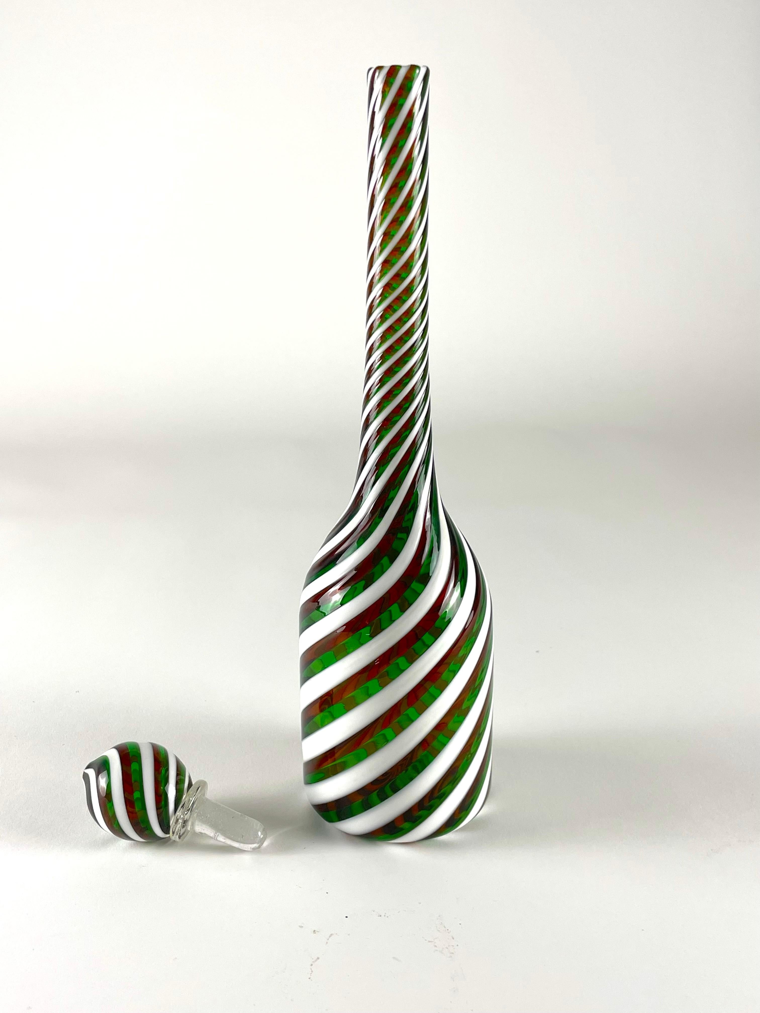 Late 20th Century Glass Bottle with stopper - red, green and lattimo, by Fratelli Toso Murano For Sale